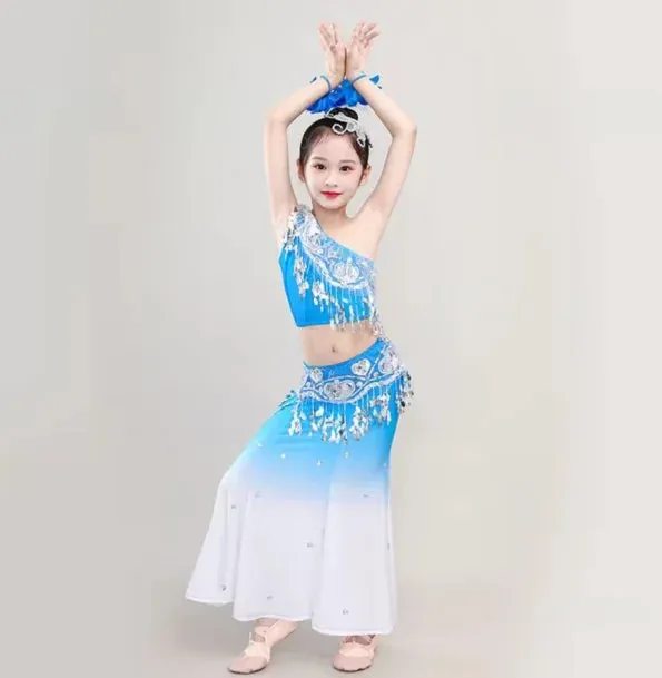 Kids Chinese Folk Dance Costume Set - Girl's Dai Dance Fishtail Outfit (Top & Skirt)