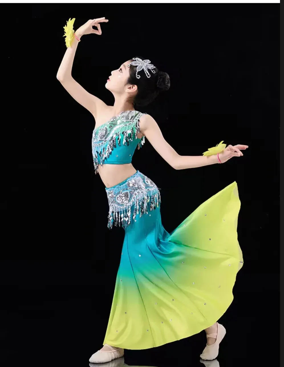 Kids Chinese Folk Dance Costume Set - Girl's Dai Dance Fishtail Outfit (Top & Skirt)