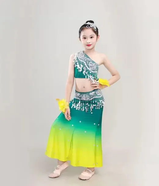 Kids Chinese Folk Dance Costume Set - Girl's Dai Dance Fishtail Outfit (Top & Skirt)