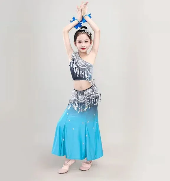 Kids Chinese Folk Dance Costume Set - Girl's Dai Dance Fishtail Outfit (Top & Skirt)