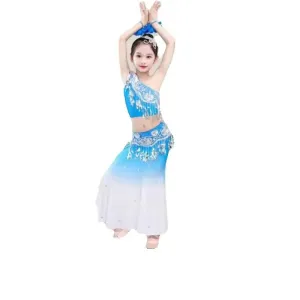 Kids Chinese Folk Dance Costume Set - Girl's Dai Dance Fishtail Outfit (Top & Skirt)