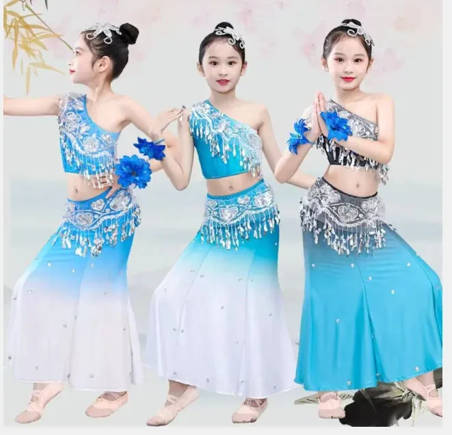 Kids Chinese Folk Dance Costume Set - Girl's Dai Dance Fishtail Outfit (Top & Skirt)