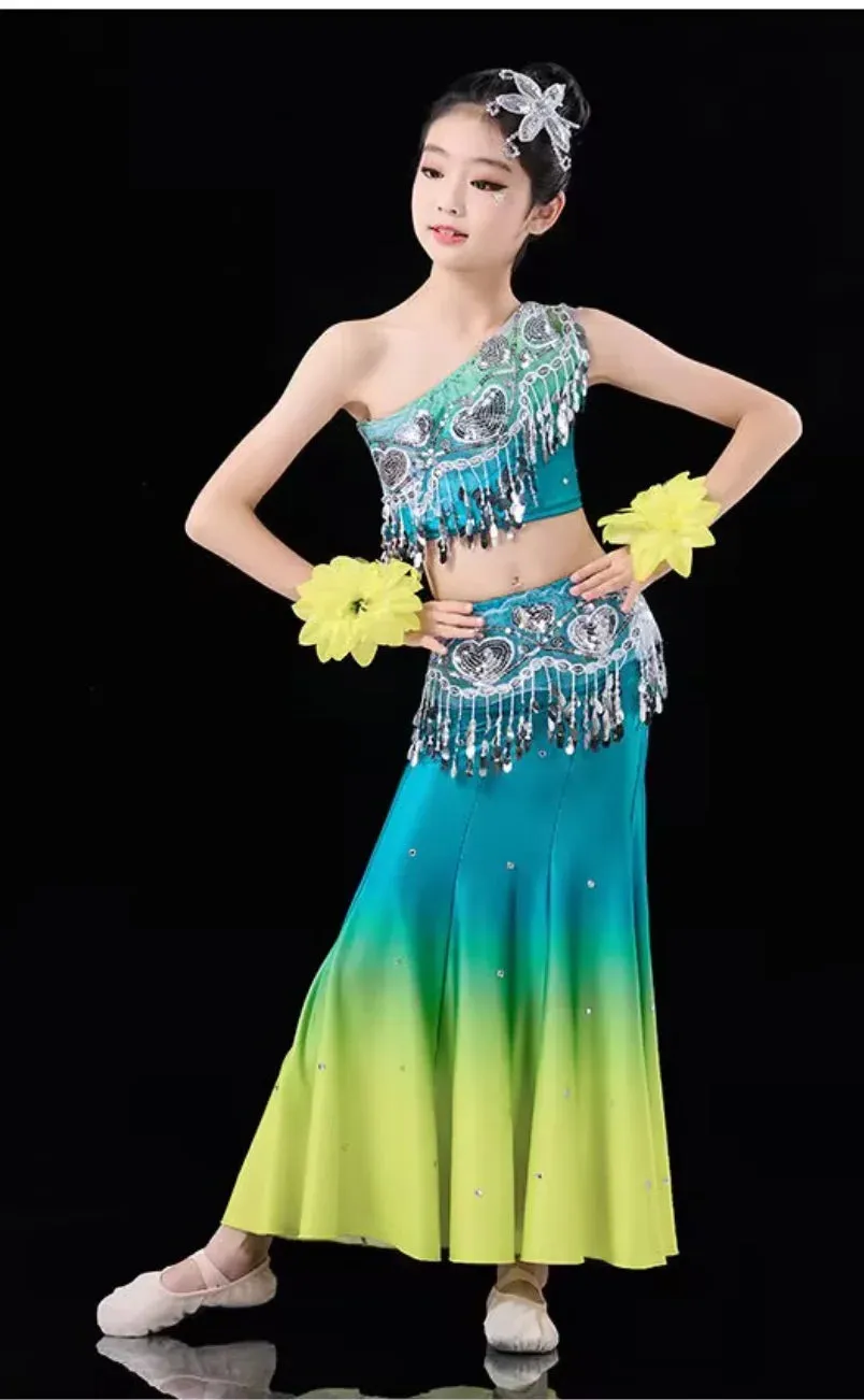 Kids Chinese Folk Dance Costume Set - Girl's Dai Dance Fishtail Outfit (Top & Skirt)