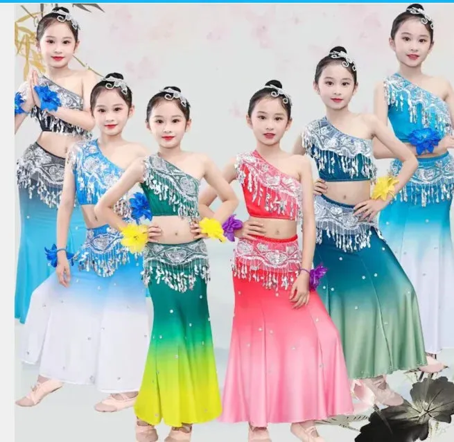 Kids Chinese Folk Dance Costume Set - Girl's Dai Dance Fishtail Outfit (Top & Skirt)