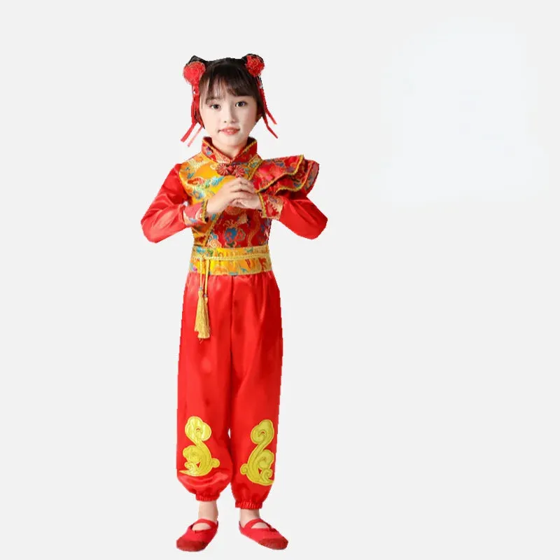 Kids Chinese New Year Traditional Red Costumes Hanfu Outfit for Folk Dance Festival Party