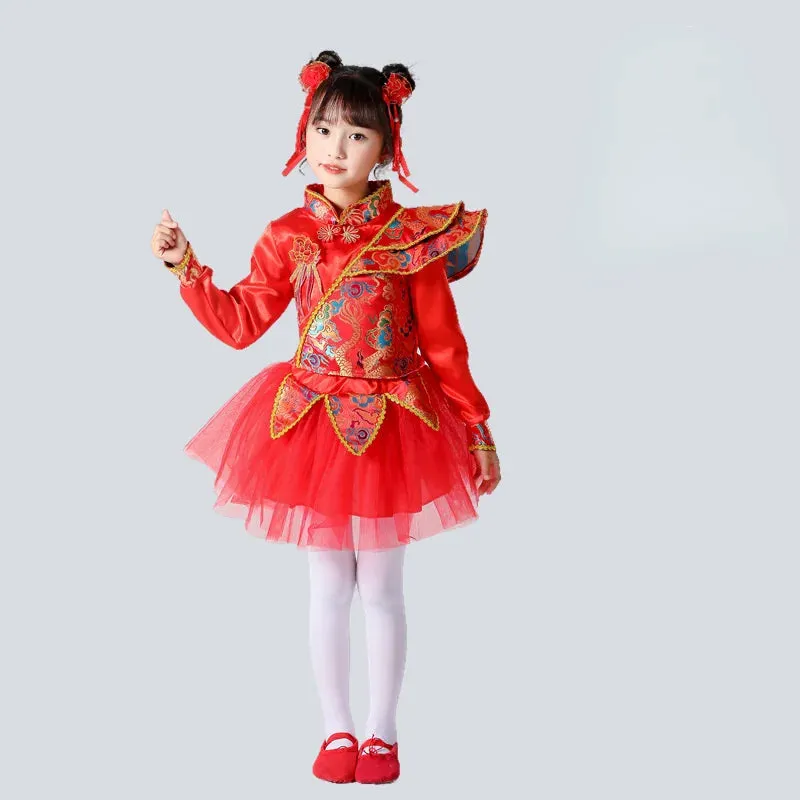 Kids Chinese New Year Traditional Red Costumes Hanfu Outfit for Folk Dance Festival Party