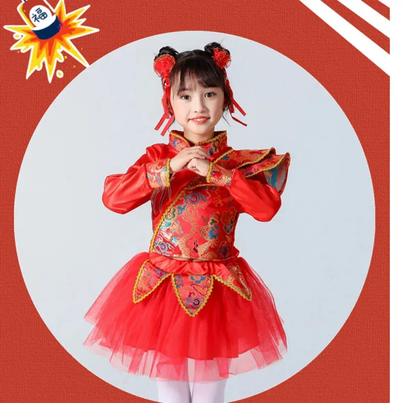 Kids Chinese New Year Traditional Red Costumes Hanfu Outfit for Folk Dance Festival Party