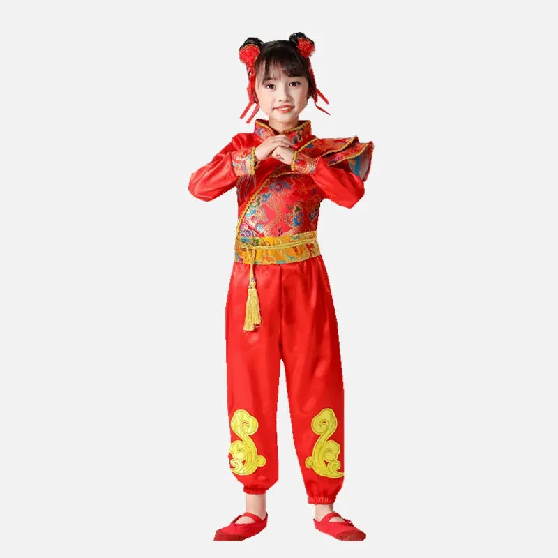 Kids Chinese New Year Traditional Red Costumes Hanfu Outfit for Folk Dance Festival Party