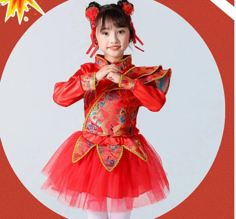 Kids Chinese New Year Traditional Red Costumes Hanfu Outfit for Folk Dance Festival Party
