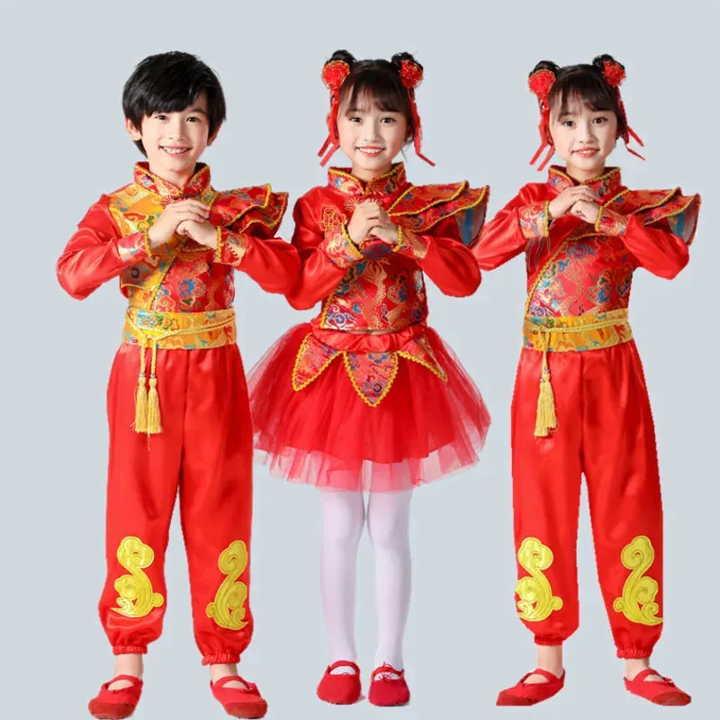Kids Chinese New Year Traditional Red Costumes Hanfu Outfit for Folk Dance Festival Party