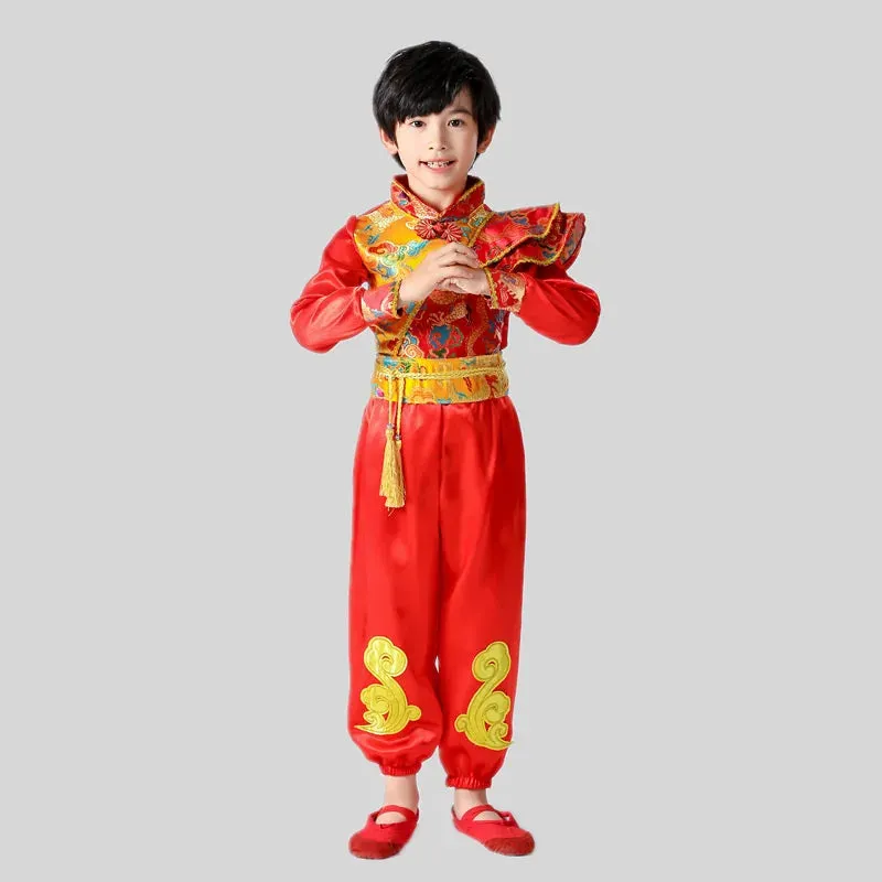 Kids Chinese New Year Traditional Red Costumes Hanfu Outfit for Folk Dance Festival Party