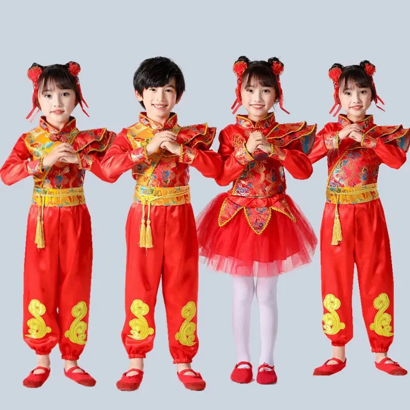 Kids Chinese New Year Traditional Red Costumes Hanfu Outfit for Folk Dance Festival Party
