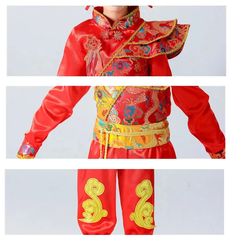 Kids Chinese New Year Traditional Red Costumes Hanfu Outfit for Folk Dance Festival Party
