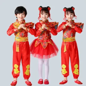 Kids Chinese New Year Traditional Red Costumes Hanfu Outfit for Folk Dance Festival Party