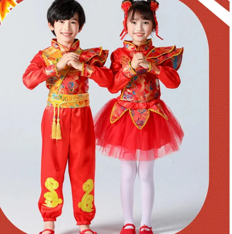 Kids Chinese New Year Traditional Red Costumes Hanfu Outfit for Folk Dance Festival Party