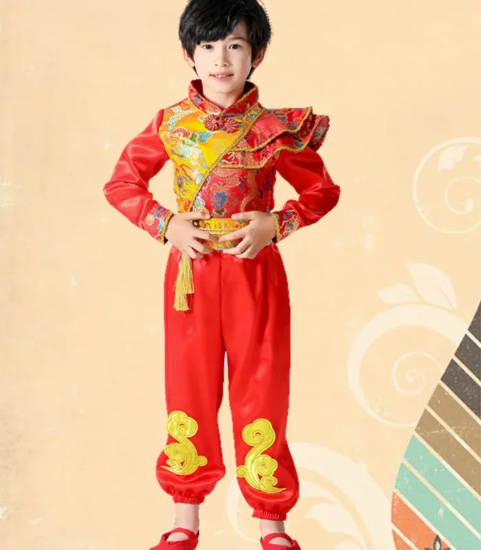Kids Chinese New Year Traditional Red Costumes Hanfu Outfit for Folk Dance Festival Party