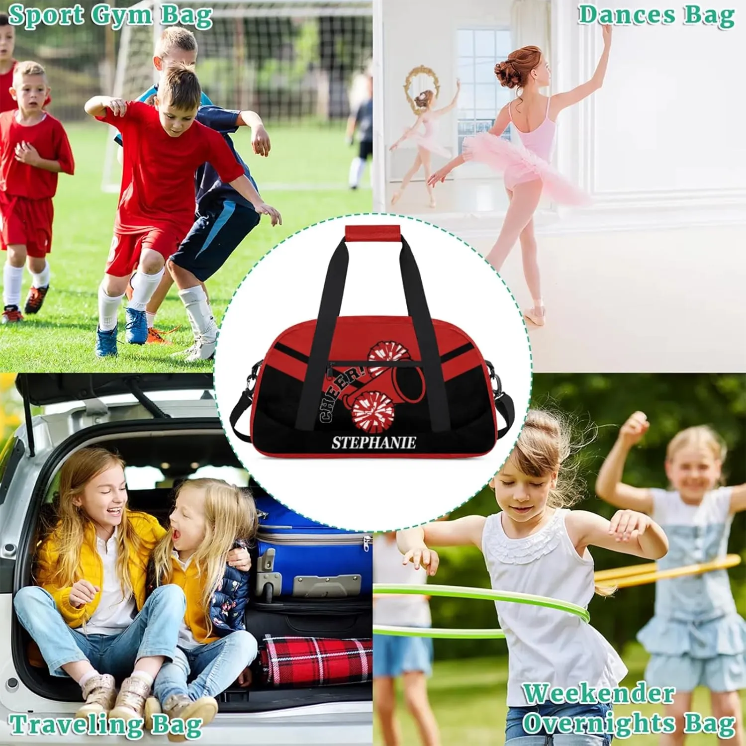 Kids Duffle Bag Personalized Gym Bag Overnight Bags, Ideal for Travel and Sports, Suitable for Men Women for Gym, Dance, Yoga, Durable Waterproof Sport Overnight Handbags Cheerleader Red