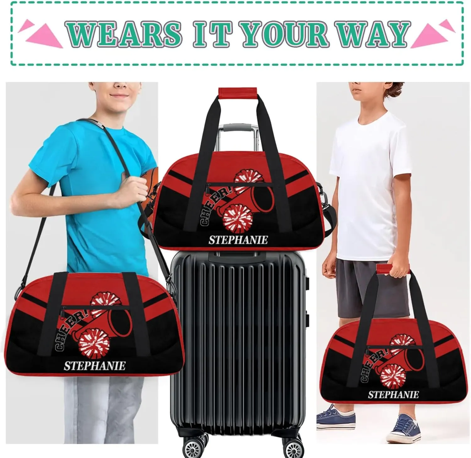 Kids Duffle Bag Personalized Gym Bag Overnight Bags, Ideal for Travel and Sports, Suitable for Men Women for Gym, Dance, Yoga, Durable Waterproof Sport Overnight Handbags Cheerleader Red