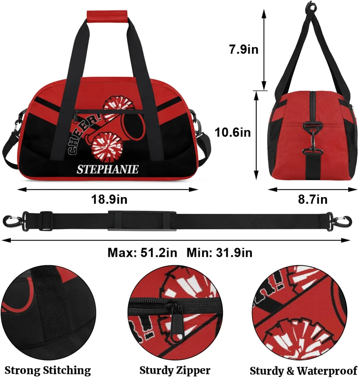 Kids Duffle Bag Personalized Gym Bag Overnight Bags, Ideal for Travel and Sports, Suitable for Men Women for Gym, Dance, Yoga, Durable Waterproof Sport Overnight Handbags Cheerleader Red