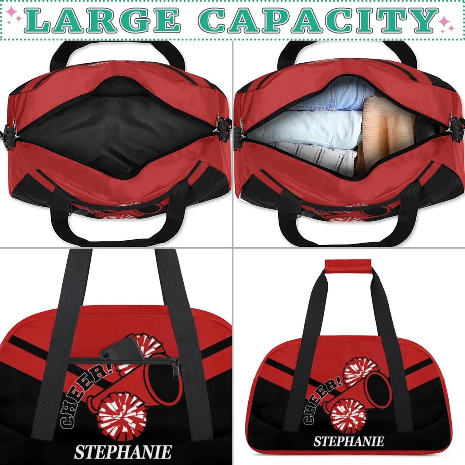 Kids Duffle Bag Personalized Gym Bag Overnight Bags, Ideal for Travel and Sports, Suitable for Men Women for Gym, Dance, Yoga, Durable Waterproof Sport Overnight Handbags Cheerleader Red