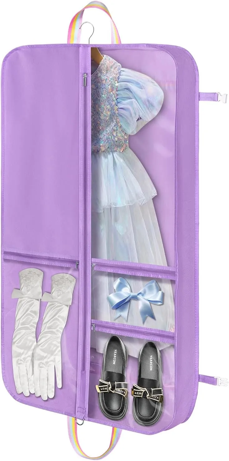 Kids Garment Bags for Dance Costumes, 40" Dance Costume Garment Bag for Dance Competition with Multi Pockets and Rainbow Handles Perfect for Dance Recitals and Practice, Purple