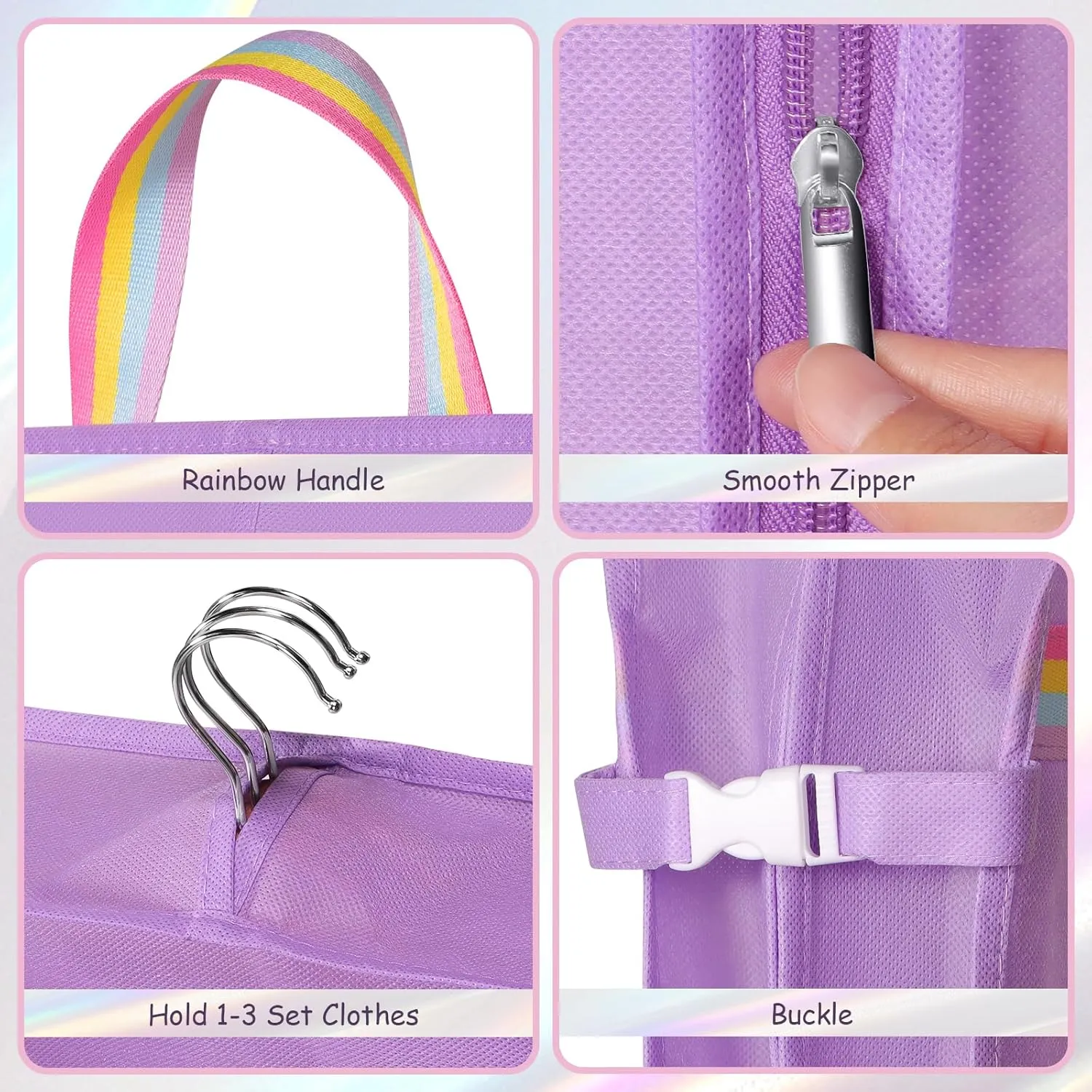 Kids Garment Bags for Dance Costumes, 40" Dance Costume Garment Bag for Dance Competition with Multi Pockets and Rainbow Handles Perfect for Dance Recitals and Practice, Purple