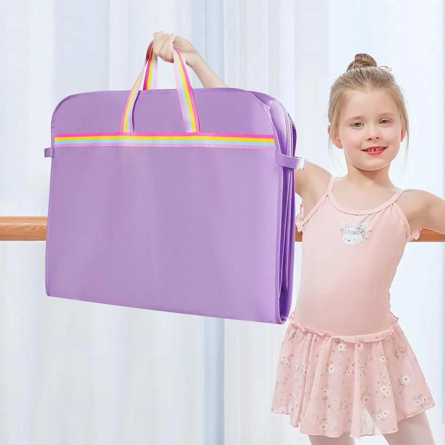 Kids Garment Bags for Dance Costumes, 40" Dance Costume Garment Bag for Dance Competition with Multi Pockets and Rainbow Handles Perfect for Dance Recitals and Practice, Purple