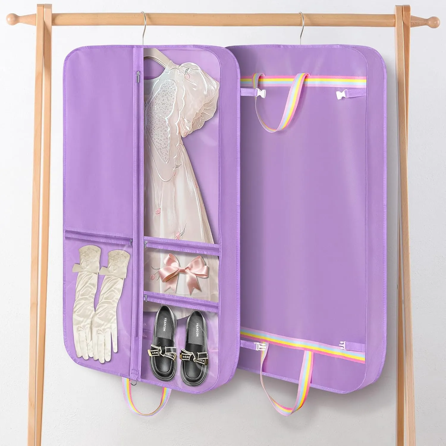 Kids Garment Bags for Dance Costumes, 40" Dance Costume Garment Bag for Dance Competition with Multi Pockets and Rainbow Handles Perfect for Dance Recitals and Practice, Purple