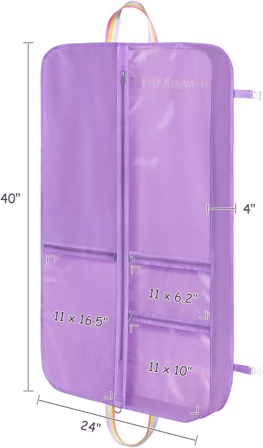 Kids Garment Bags for Dance Costumes, 40" Dance Costume Garment Bag for Dance Competition with Multi Pockets and Rainbow Handles Perfect for Dance Recitals and Practice, Purple