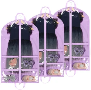 Kids Garment Bags for Dance Costumes, 40" Dance Garment Bags for Dancers with 4 Clear Zipper Pockets, Foldable Dance Competition Garment Bags for Hanging Clothes, 3 Pack, Purple