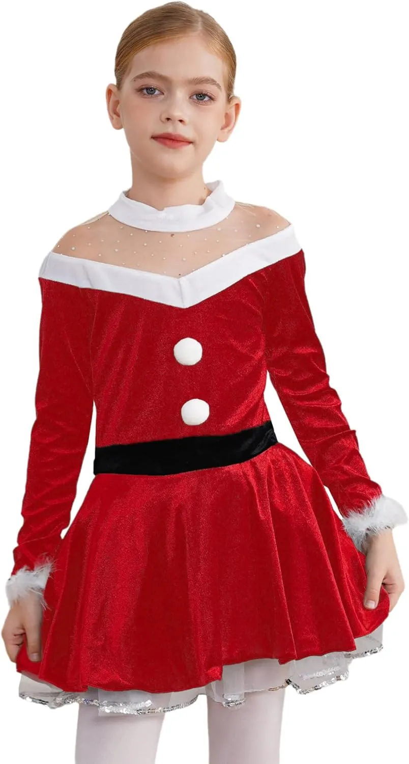 Kids Girls Christmas Mrs Santa Claus Costume Xmas Holiday Party Ballet Dance Figure Skating Dress Leotard