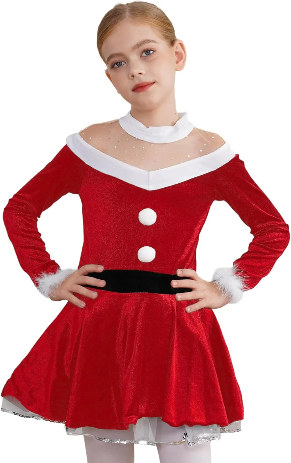Kids Girls Christmas Mrs Santa Claus Costume Xmas Holiday Party Ballet Dance Figure Skating Dress Leotard