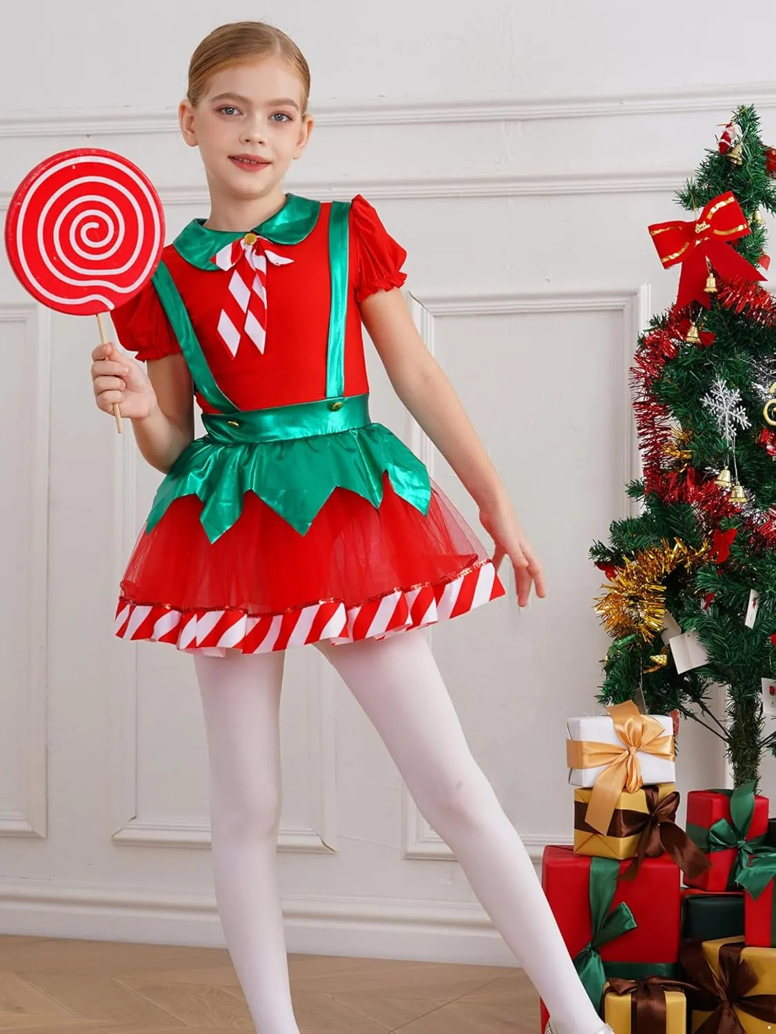 Kids Girls Puff Sleeve Christmas Elf Dress Figure Skating Dance Costume Mesh Tutu Skirt Leotard Dancewear