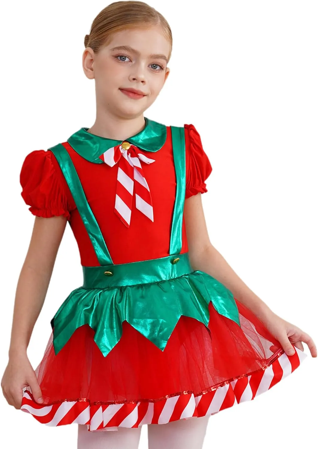 Kids Girls Puff Sleeve Christmas Elf Dress Figure Skating Dance Costume Mesh Tutu Skirt Leotard Dancewear