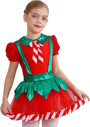 Kids Girls Puff Sleeve Christmas Elf Dress Figure Skating Dance Costume Mesh Tutu Skirt Leotard Dancewear