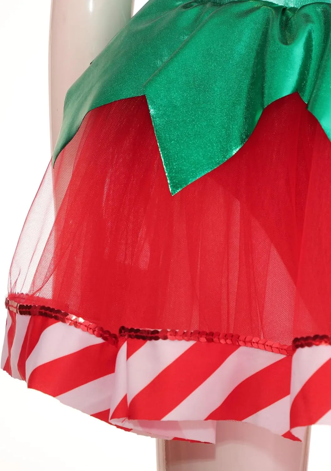 Kids Girls Puff Sleeve Christmas Elf Dress Figure Skating Dance Costume Mesh Tutu Skirt Leotard Dancewear