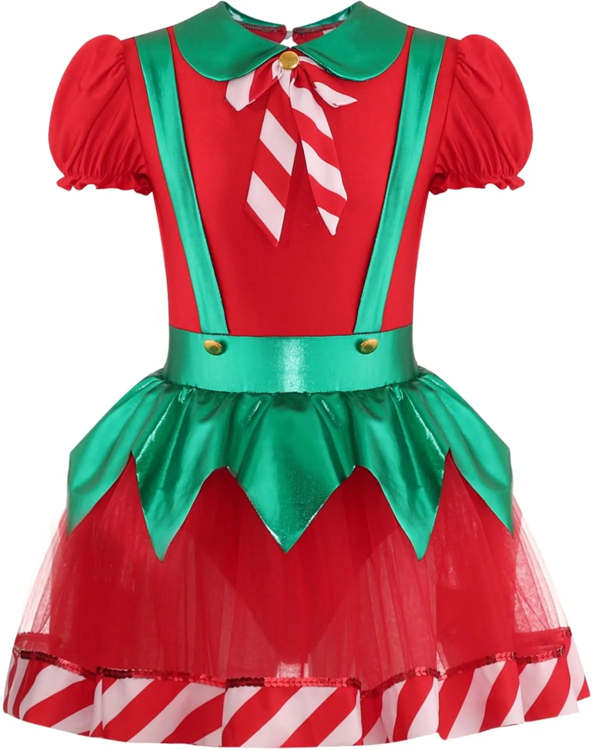 Kids Girls Puff Sleeve Christmas Elf Dress Figure Skating Dance Costume Mesh Tutu Skirt Leotard Dancewear