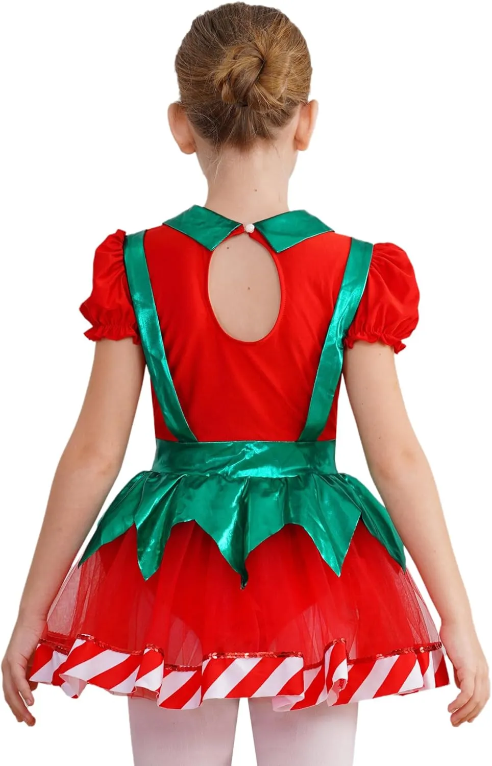 Kids Girls Puff Sleeve Christmas Elf Dress Figure Skating Dance Costume Mesh Tutu Skirt Leotard Dancewear