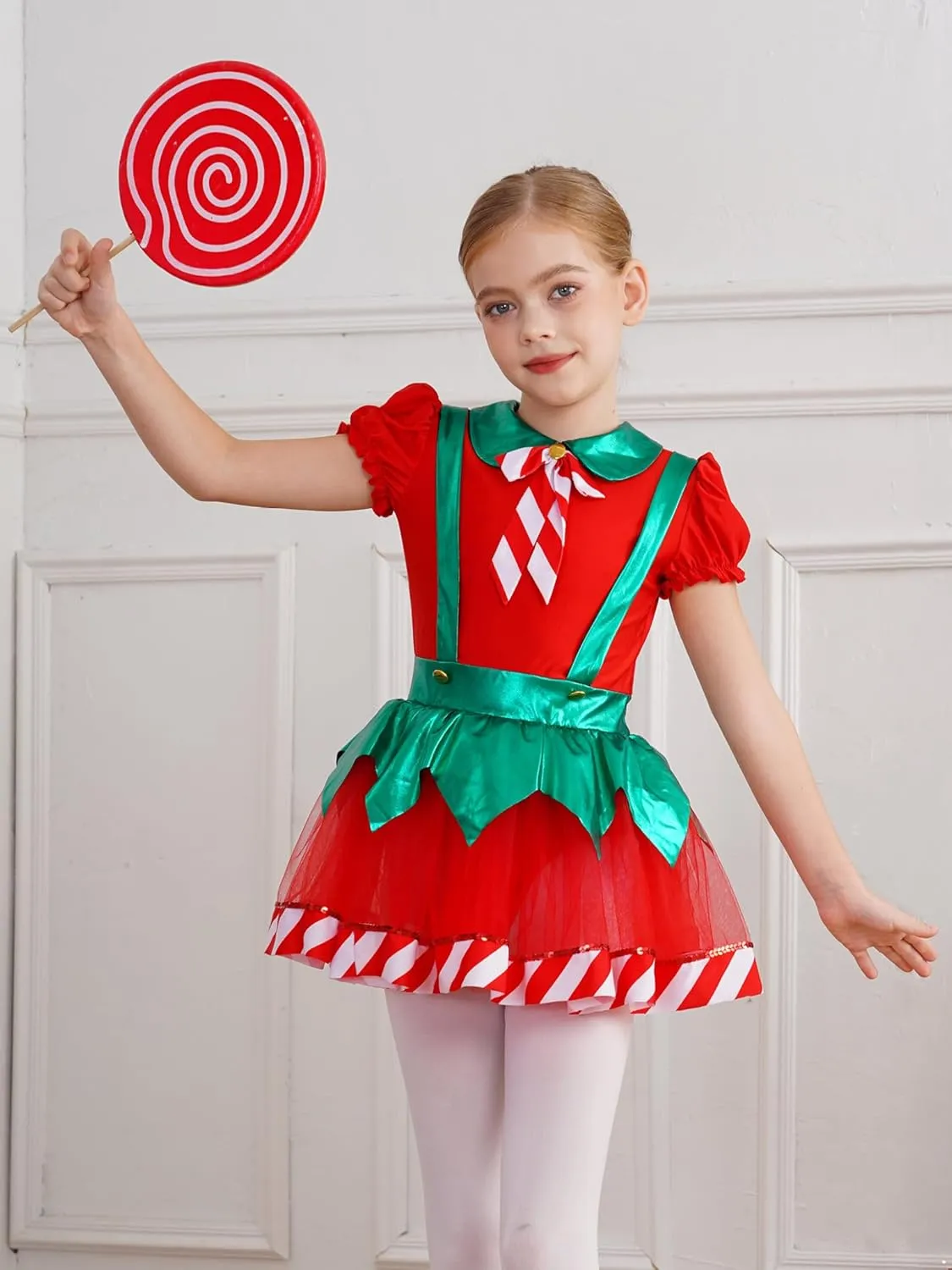 Kids Girls Puff Sleeve Christmas Elf Dress Figure Skating Dance Costume Mesh Tutu Skirt Leotard Dancewear