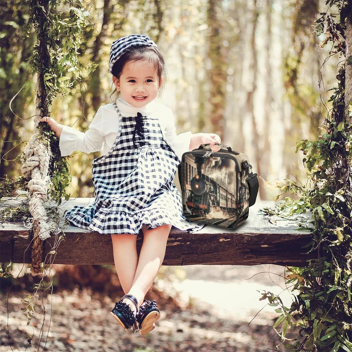 Kids Lunch Box, Retro Steam Train,Train Pattern Insulated Lunch Bag Cooler Tote with Adjustable Shoulder Straps for School Work Picnic