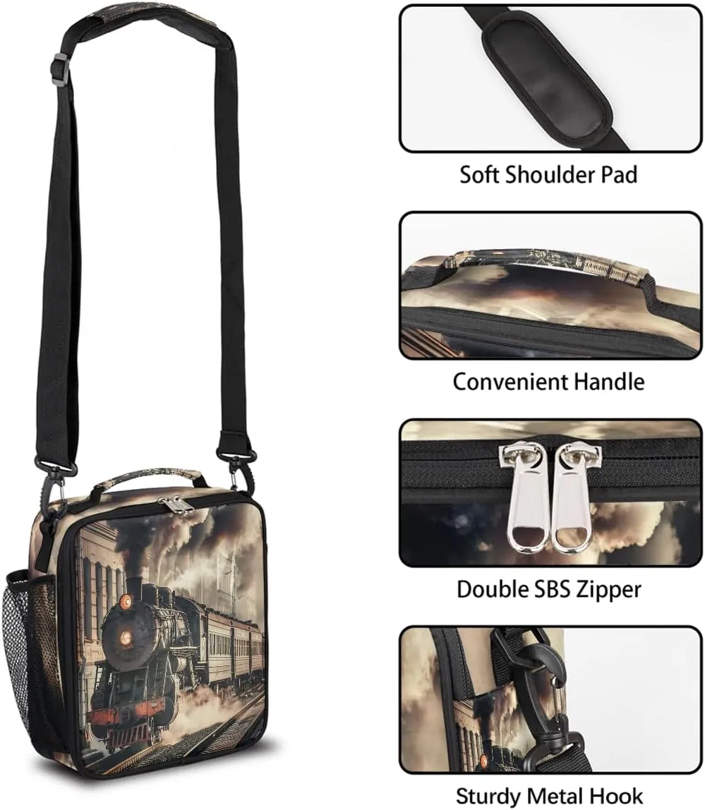 Kids Lunch Box, Retro Steam Train,Train Pattern Insulated Lunch Bag Cooler Tote with Adjustable Shoulder Straps for School Work Picnic