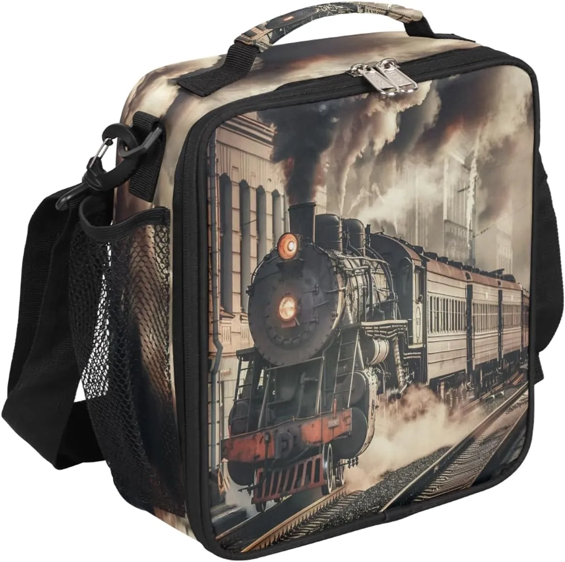 Kids Lunch Box, Retro Steam Train,Train Pattern Insulated Lunch Bag Cooler Tote with Adjustable Shoulder Straps for School Work Picnic