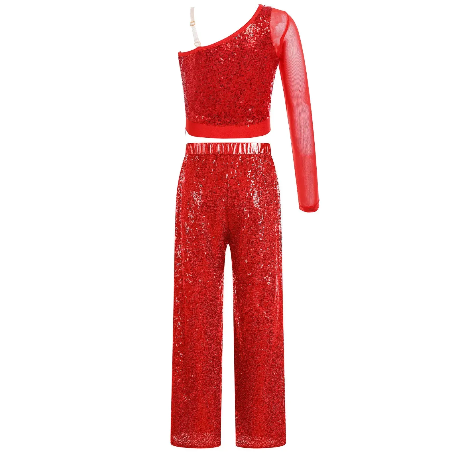 Kids Sequin Jazz Dance Costume Set: Mesh Crop Top & Wide-Leg Pants for Ballroom Ballet Performance