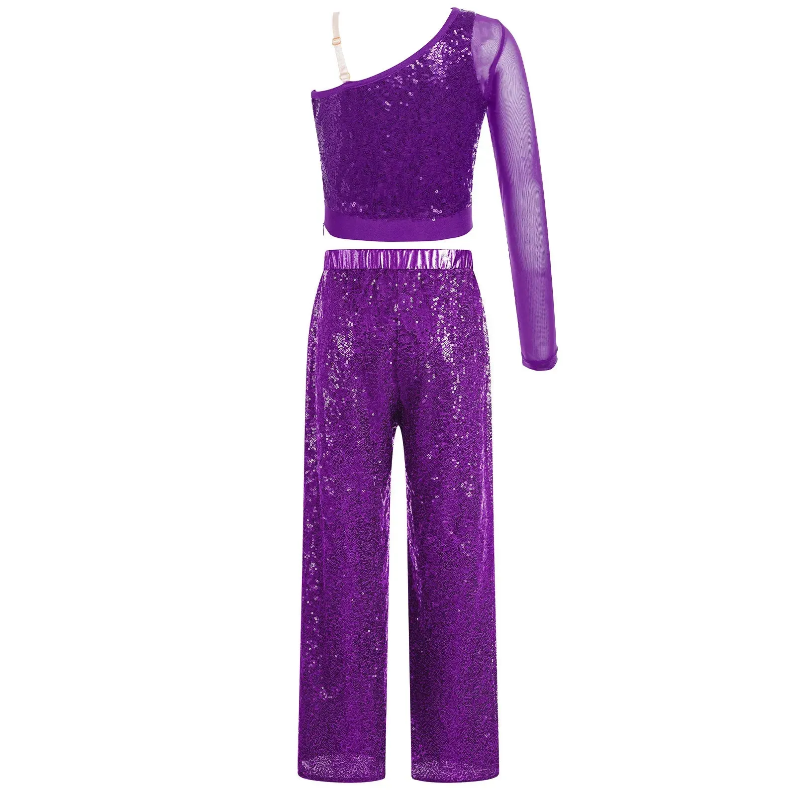 Kids Sequin Jazz Dance Costume Set: Mesh Crop Top & Wide-Leg Pants for Ballroom Ballet Performance