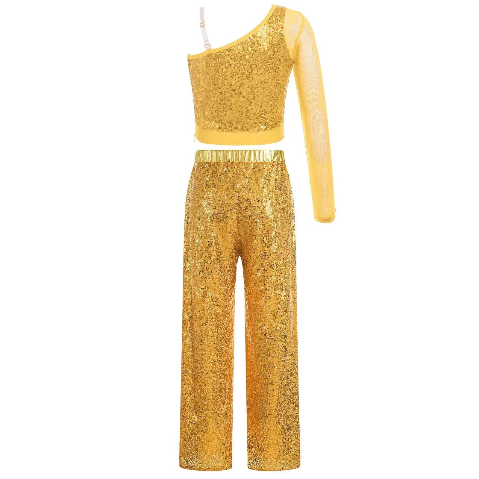 Kids Sequin Jazz Dance Costume Set: Mesh Crop Top & Wide-Leg Pants for Ballroom Ballet Performance