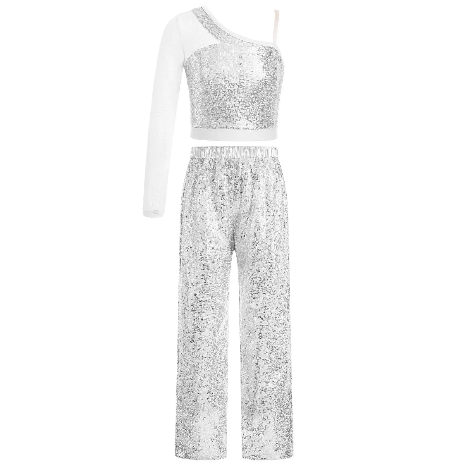Kids Sequin Jazz Dance Costume Set: Mesh Crop Top & Wide-Leg Pants for Ballroom Ballet Performance