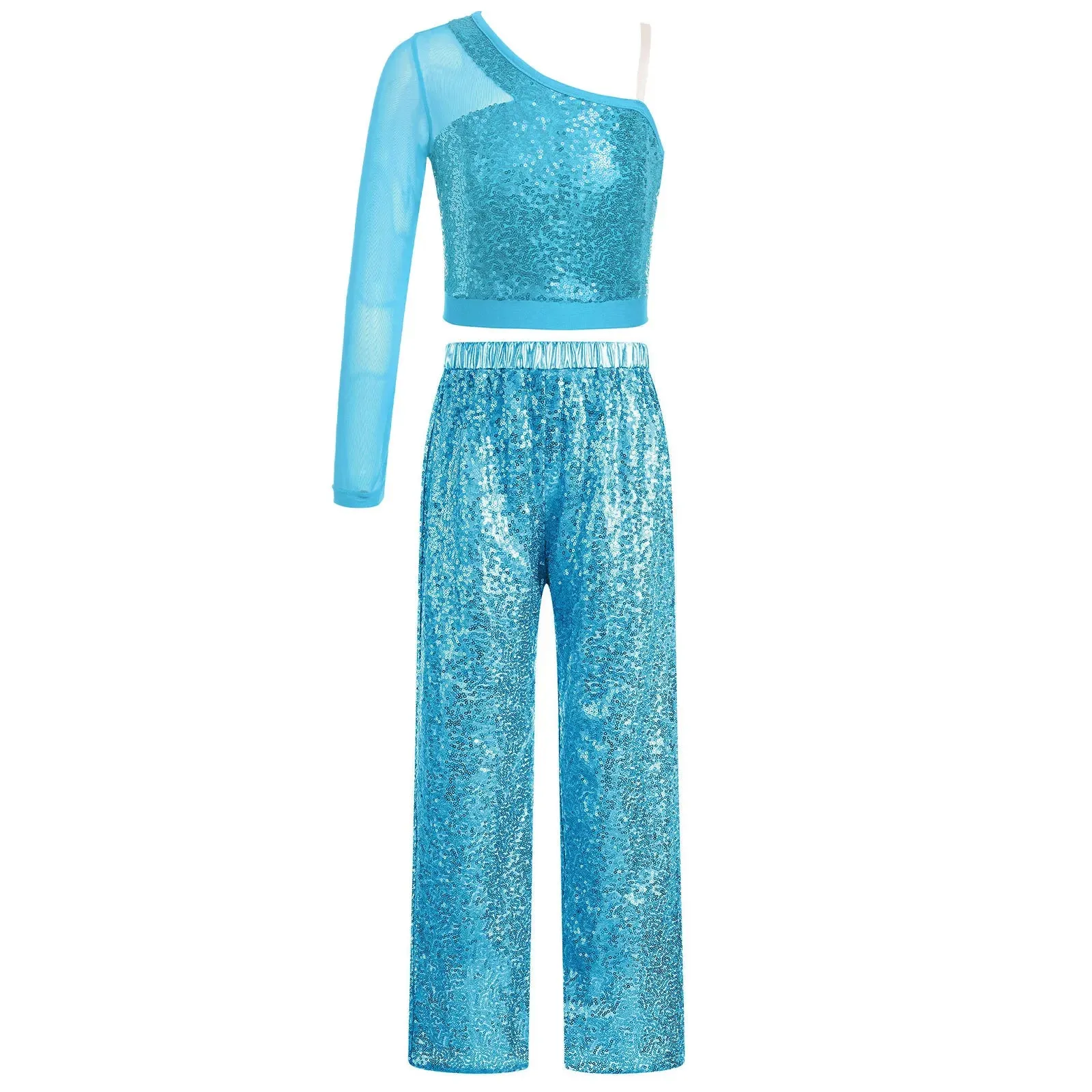 Kids Sequin Jazz Dance Costume Set: Mesh Crop Top & Wide-Leg Pants for Ballroom Ballet Performance