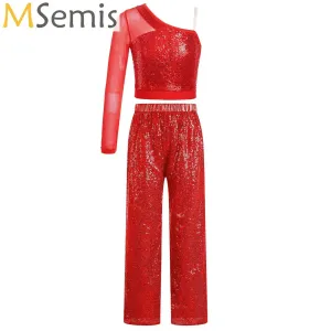 Kids Sequin Jazz Dance Costume Set: Mesh Crop Top & Wide-Leg Pants for Ballroom Ballet Performance