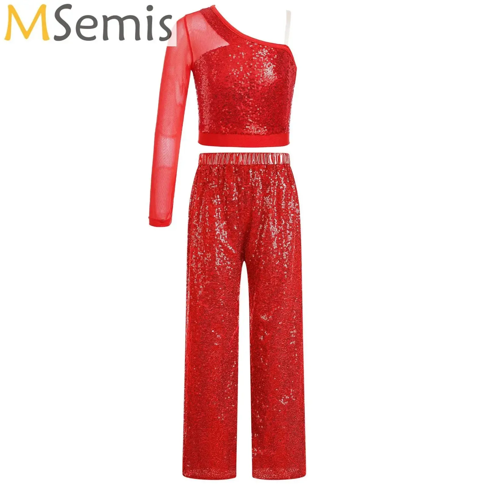 Kids Sequin Jazz Dance Costume Set: Mesh Crop Top & Wide-Leg Pants for Ballroom Ballet Performance