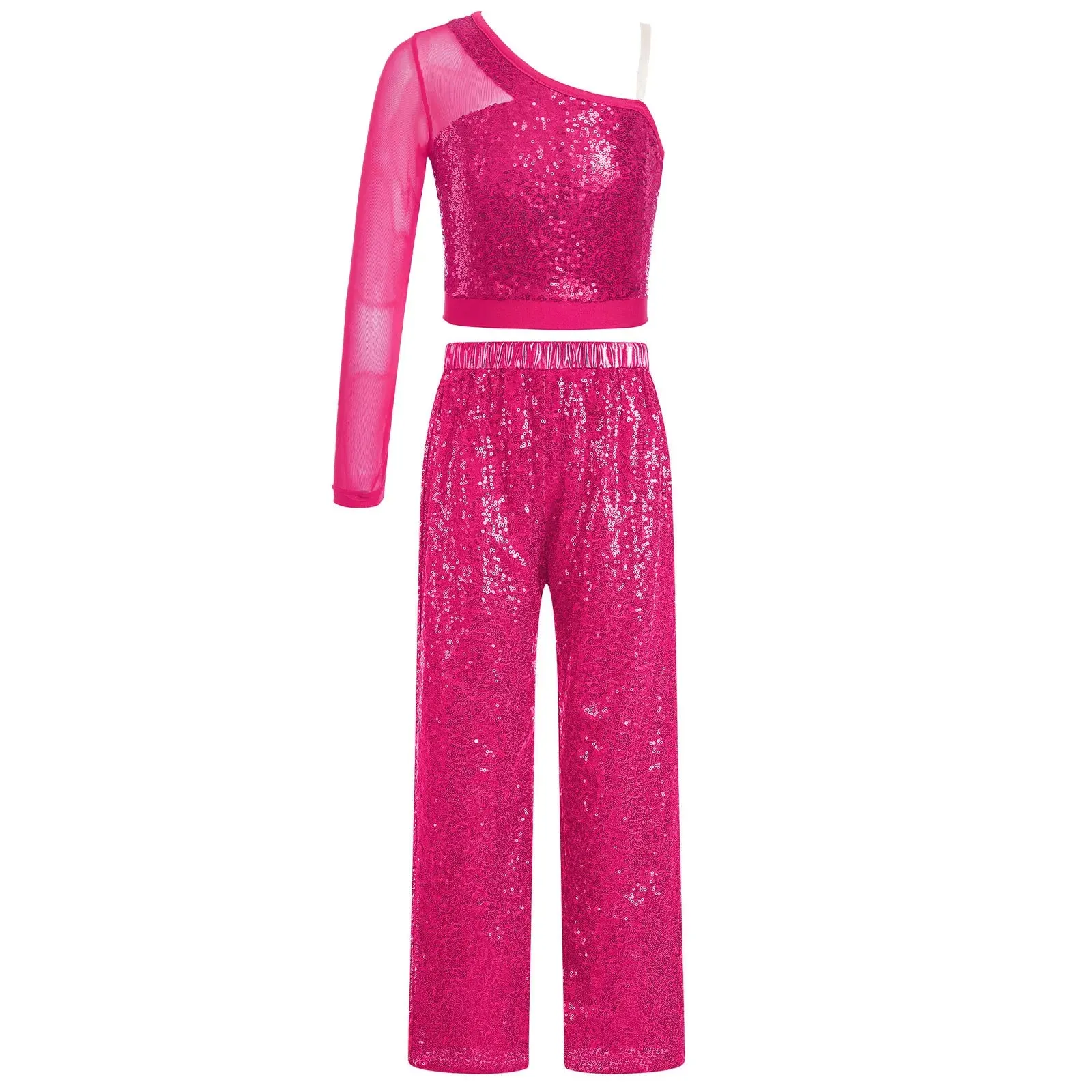Kids Sequin Jazz Dance Costume Set: Mesh Crop Top & Wide-Leg Pants for Ballroom Ballet Performance
